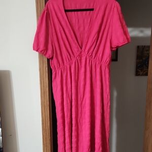 SHEIN Pink Puff Sleeve V-Neck Midi Sundress